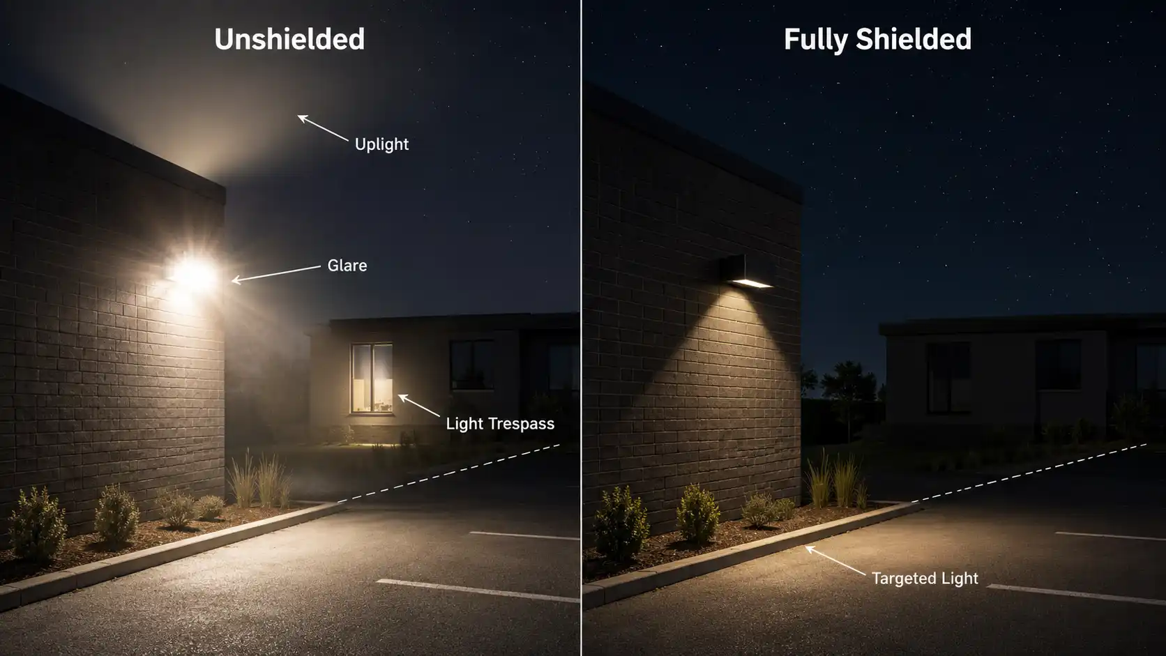 Unshielded and fully shielded outdoor lighting comparison Unshielded and fully shielded outdoor lighting comparison